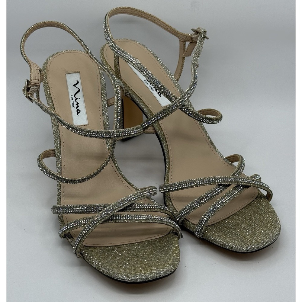 Nina New York Luna Shine Rhinestone Strappy Heels Gold Glitter Sandals Size 9.5M